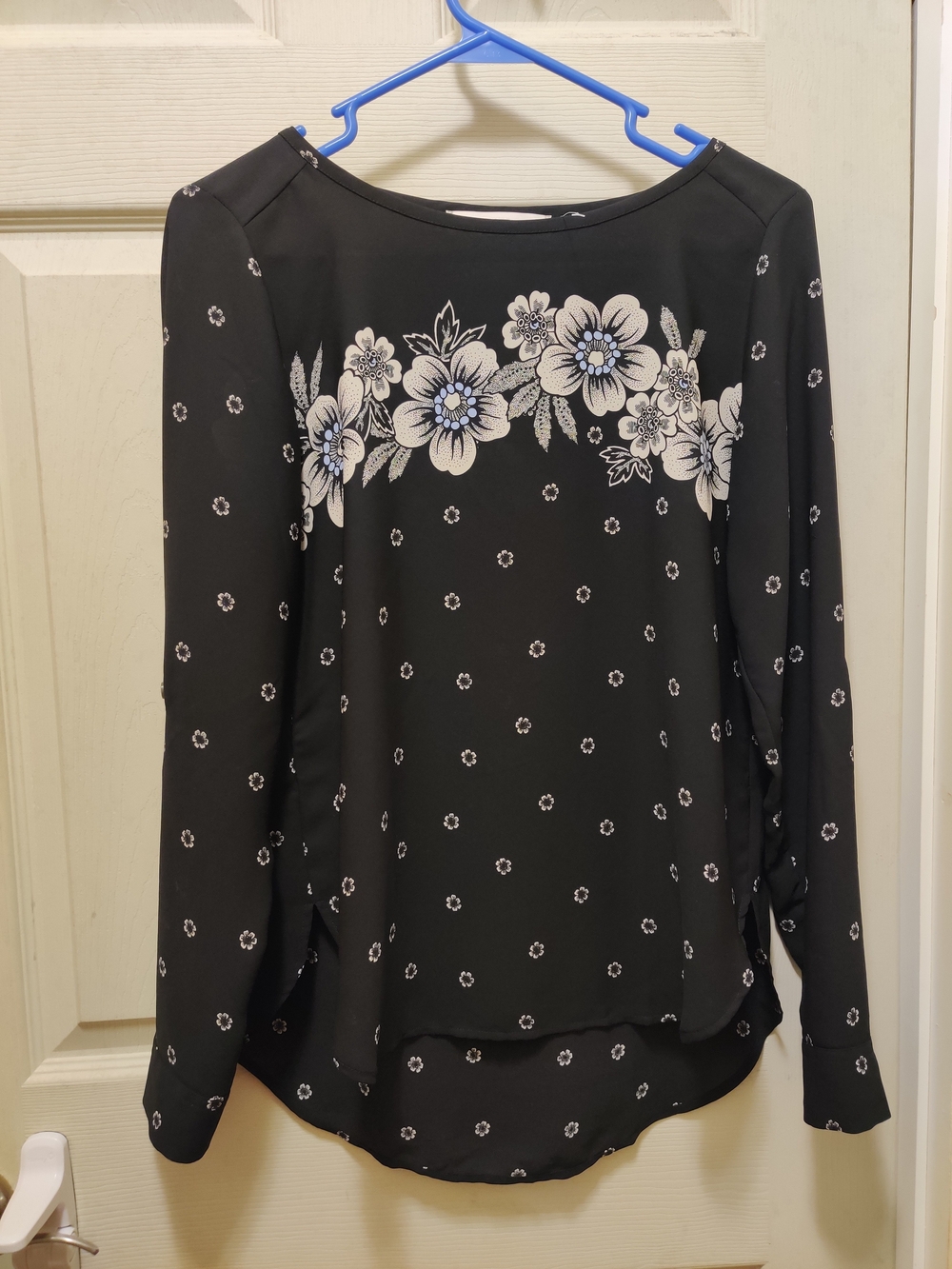 LOFT Black Floral Boatneck Blouse with White Accents